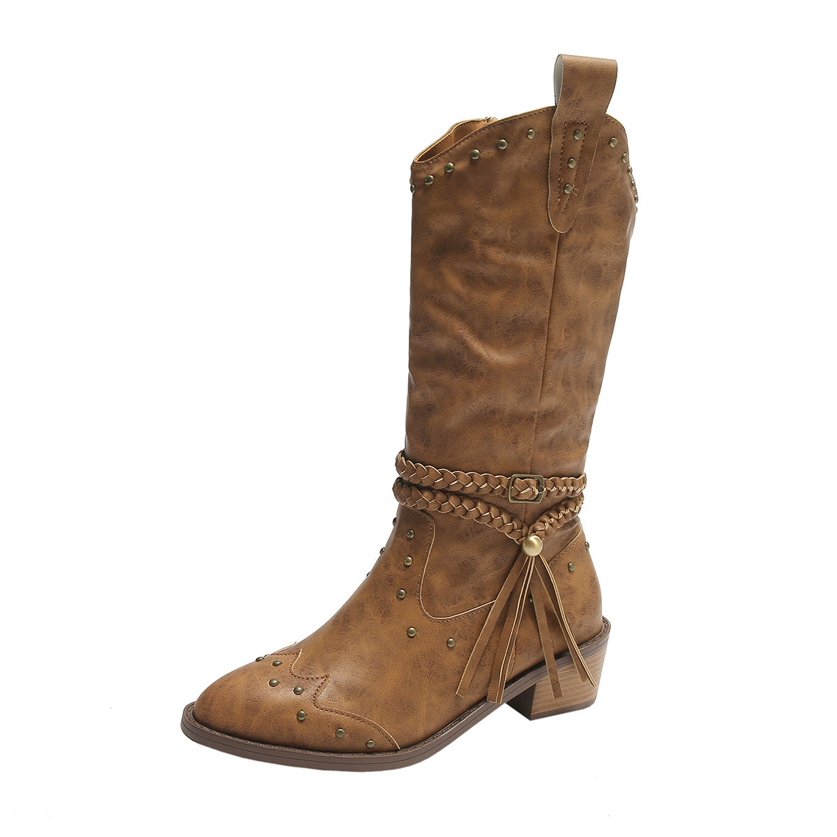 Retro Tassel Boots With Braided Strap Buckle