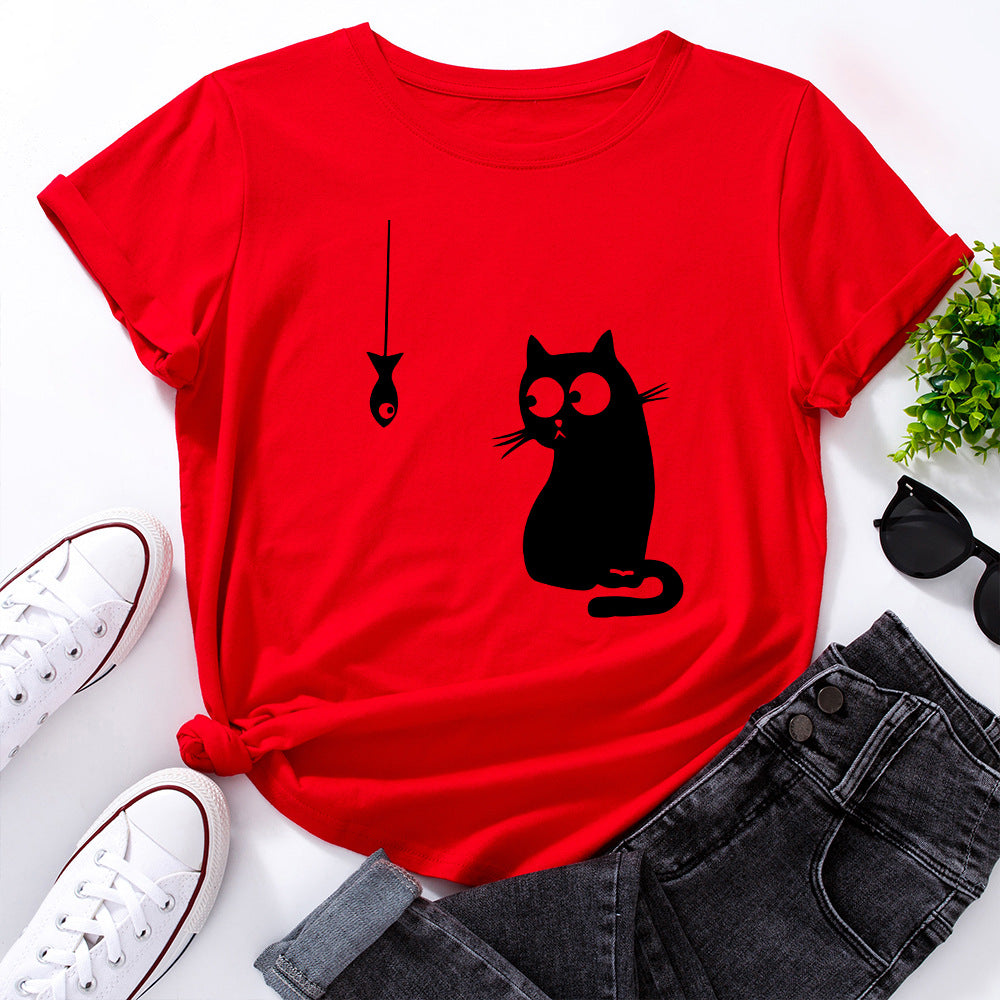 Women's Cute Cat Loose Round-Neck Cotton Short Sleeve T-Shirt