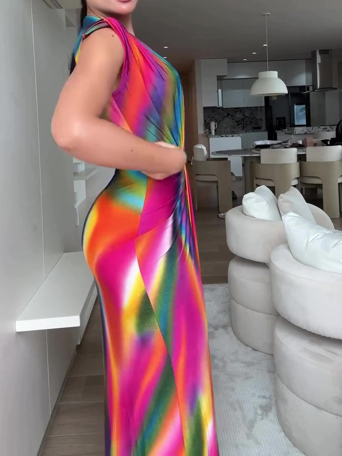 Deep V Rainbow Pleated Maxi Dress