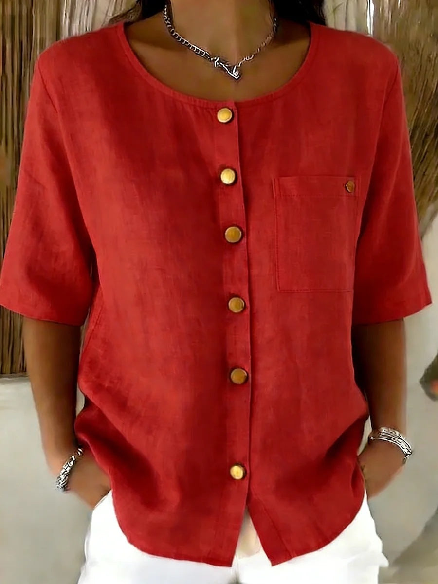 Womens Crew-Neck Shirt With Metal Buttons And Three-Quarter Sleeves