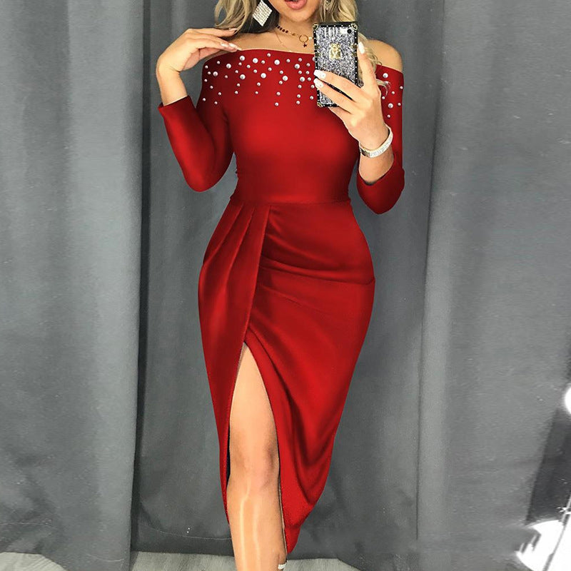 European & American New Off-Shoulder Bubble-Beads Split Dress