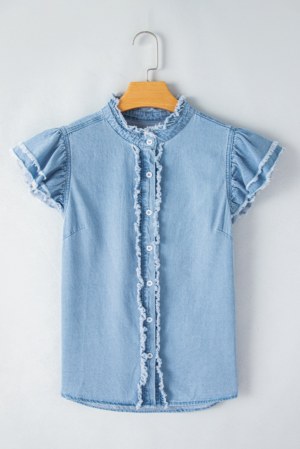 Ashleigh Blue Button Front Ruffled Flutter Frayed Denim Top