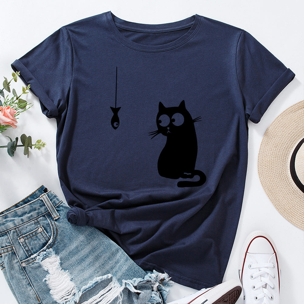 Women's Cute Cat Loose Round-Neck Cotton Short Sleeve T-Shirt