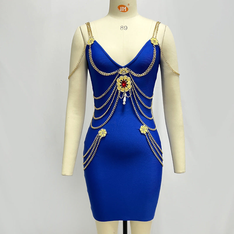 Gold Chain Bandage Evening Mini Dress