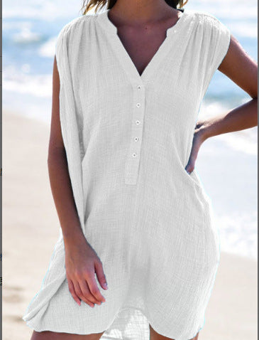Summer Best Selling Women's Clothes Solid Color Fashion V-neck Buttons Casual Sleeveless Dress