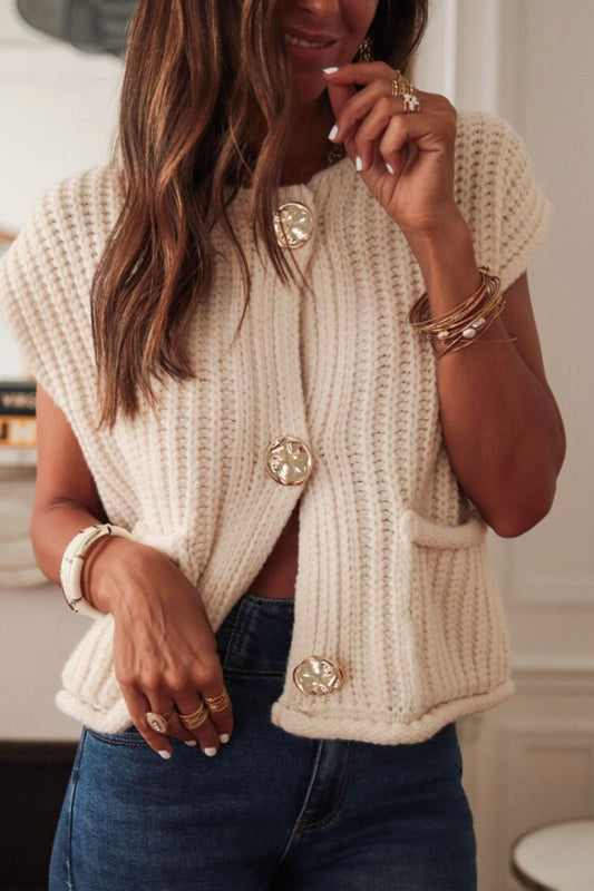 Button Down Sweater Vest With Pockets - US Only