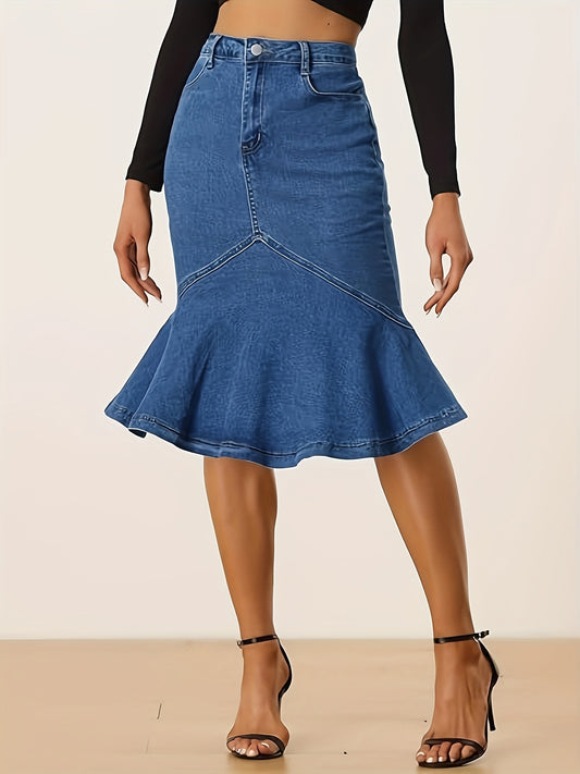 Plain Washed Blue Ruffled High-Rise Bodycon Denim Skirt