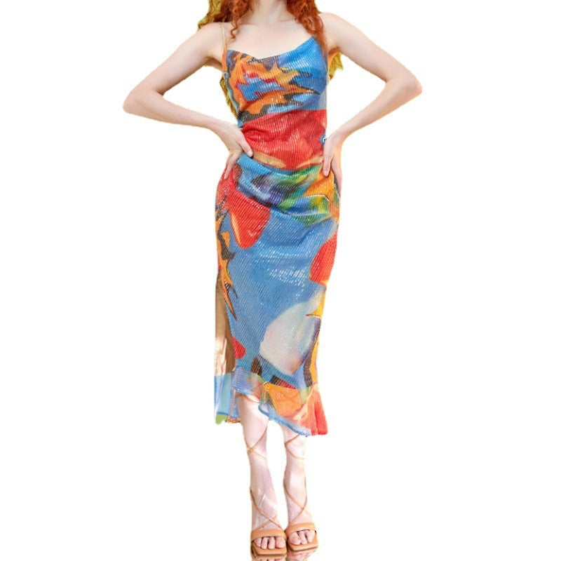 Printed Beads Split Slim-Fit Dress