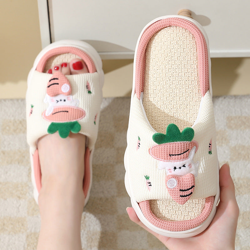 Carrot Rabbit Linen Slippers For Women - Indoor Non-Nlip Thick-Bottom House Shoes