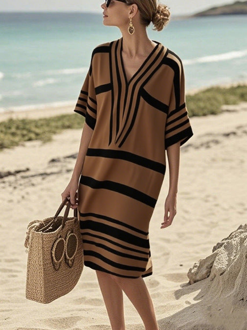 Digital Printing Striped V-Neck Dress