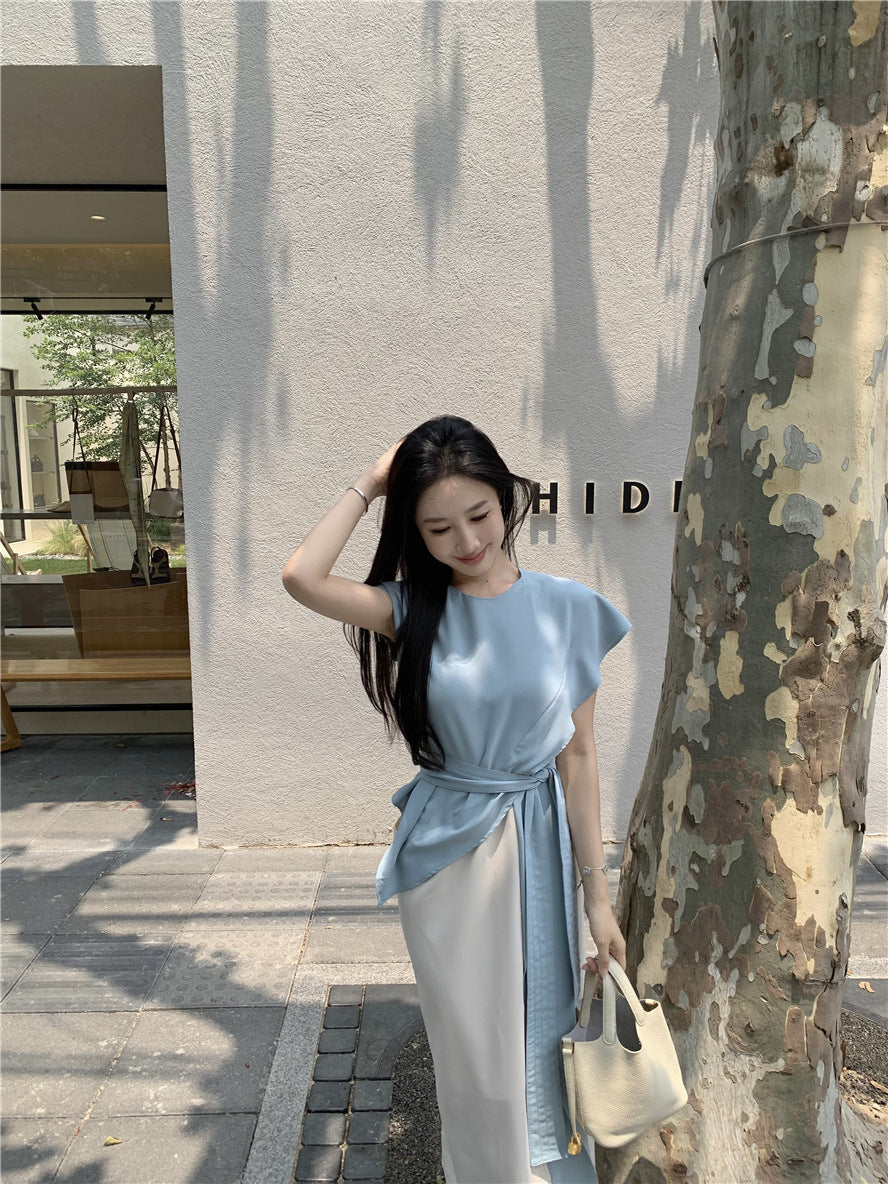 Gentle-Design Two-Piece Patchwork Cinched Tie Slim-Fit Dress