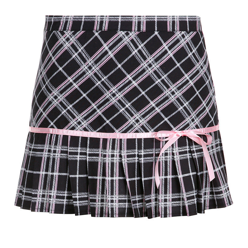 Low-Waist Plaid Retro Pleated Skirt