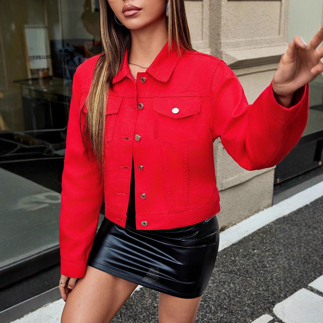Denim Pocket Solid-Colour Short Jacket