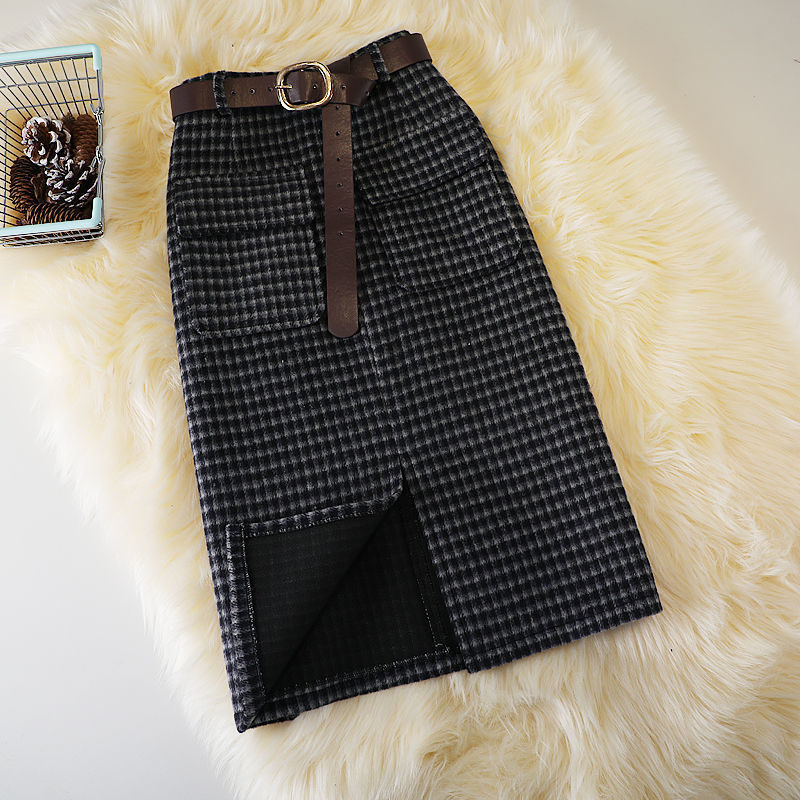 High-Waist Slim Woollen Plaid Skirt