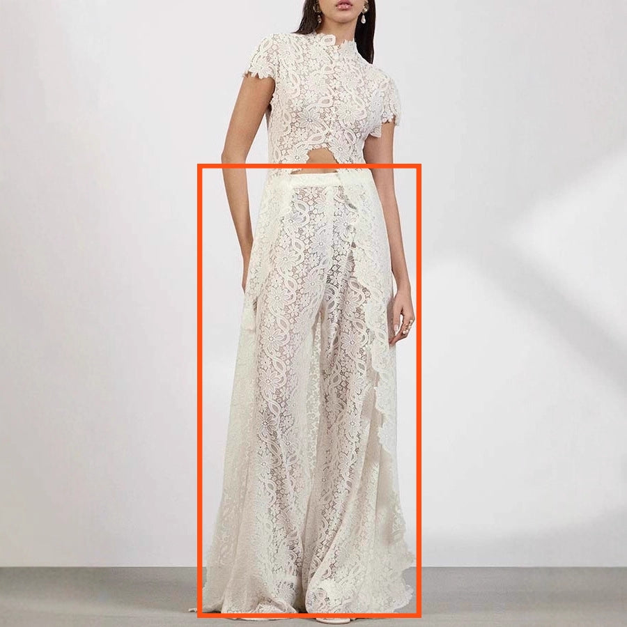 Womens Lace Solid Color Hollow-Out Crew Neck Fashionable Top And Pants Set