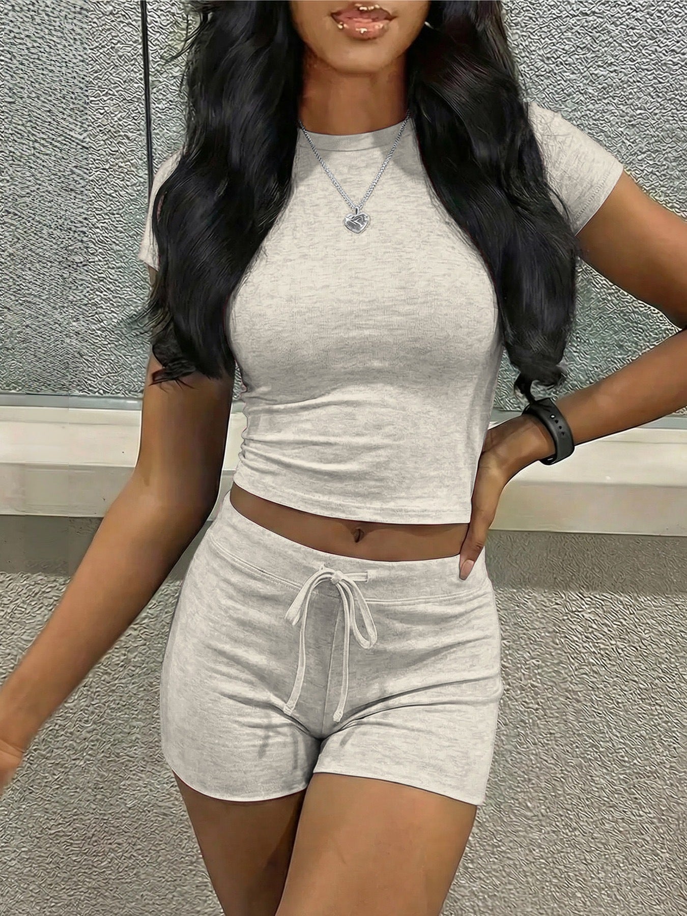 Women's Short-Sleeve High-Waist Midriff-Baring Drawstring Shorts Set