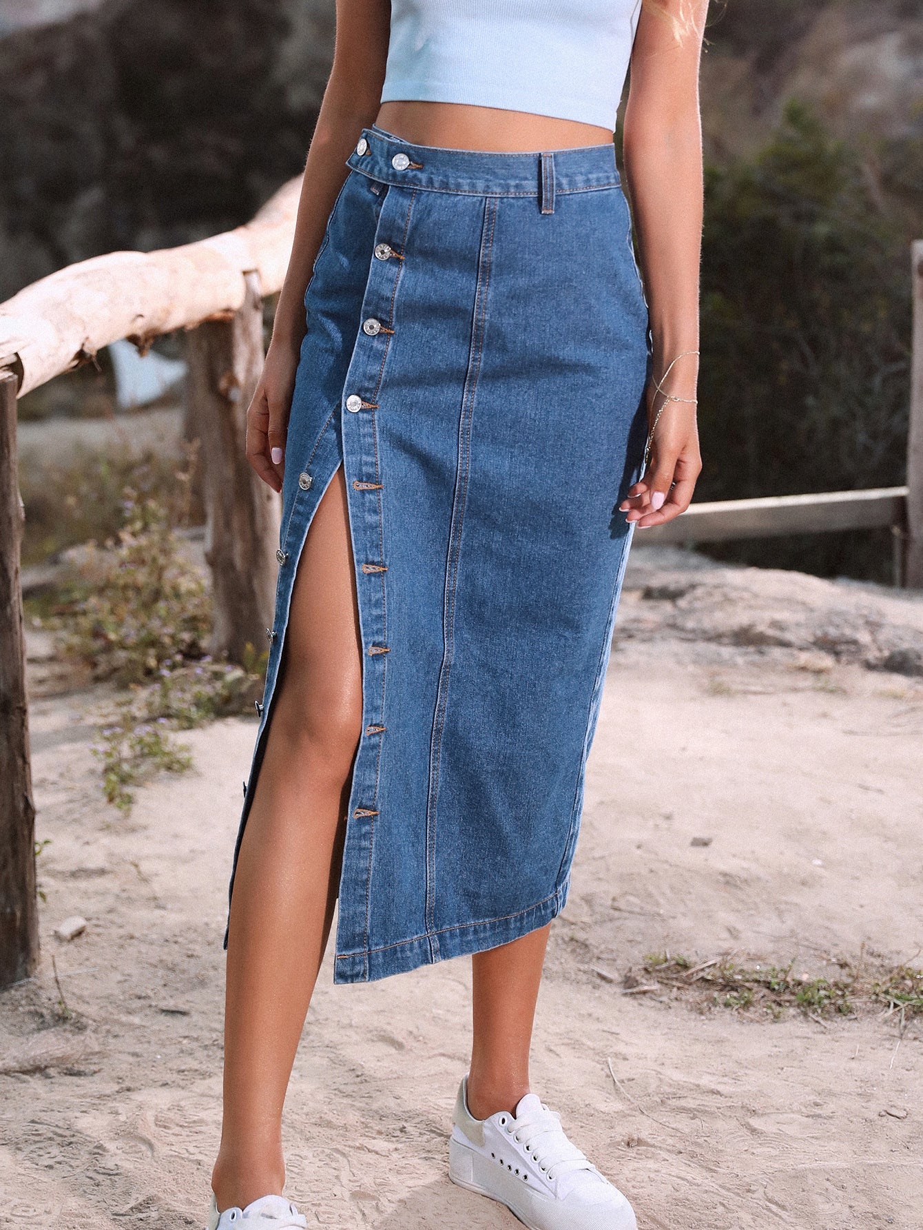 Buttons A- Line Denim Skirt