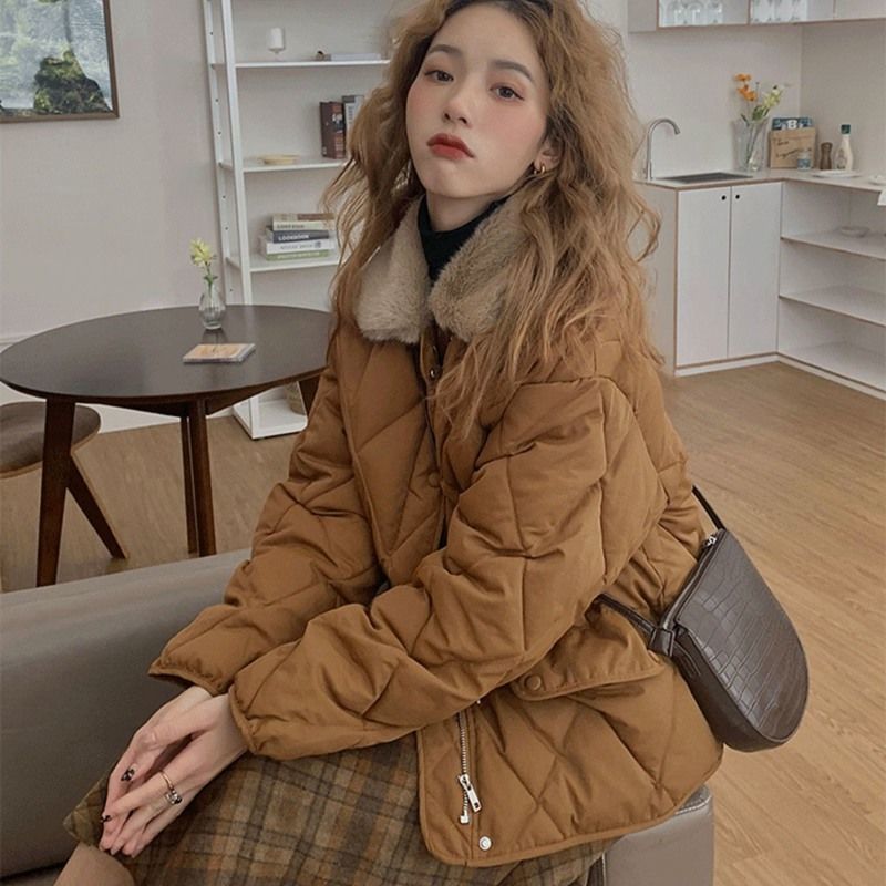 Loose Rhombus Bread Coat Stitching Fur Collar Warm Thickened Cotton-padded Jacket Coat For Women
