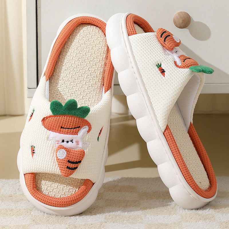 Carrot Rabbit Linen Slippers For Women - Indoor Non-Nlip Thick-Bottom House Shoes