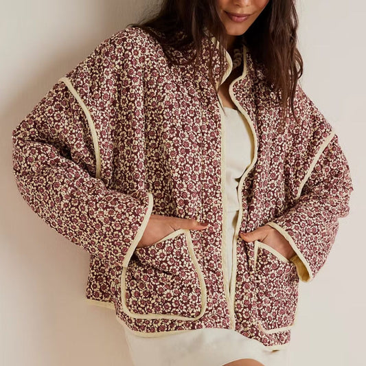 Plus Size Stand Collar Quilted Floral Cotton Coat Jacket Women