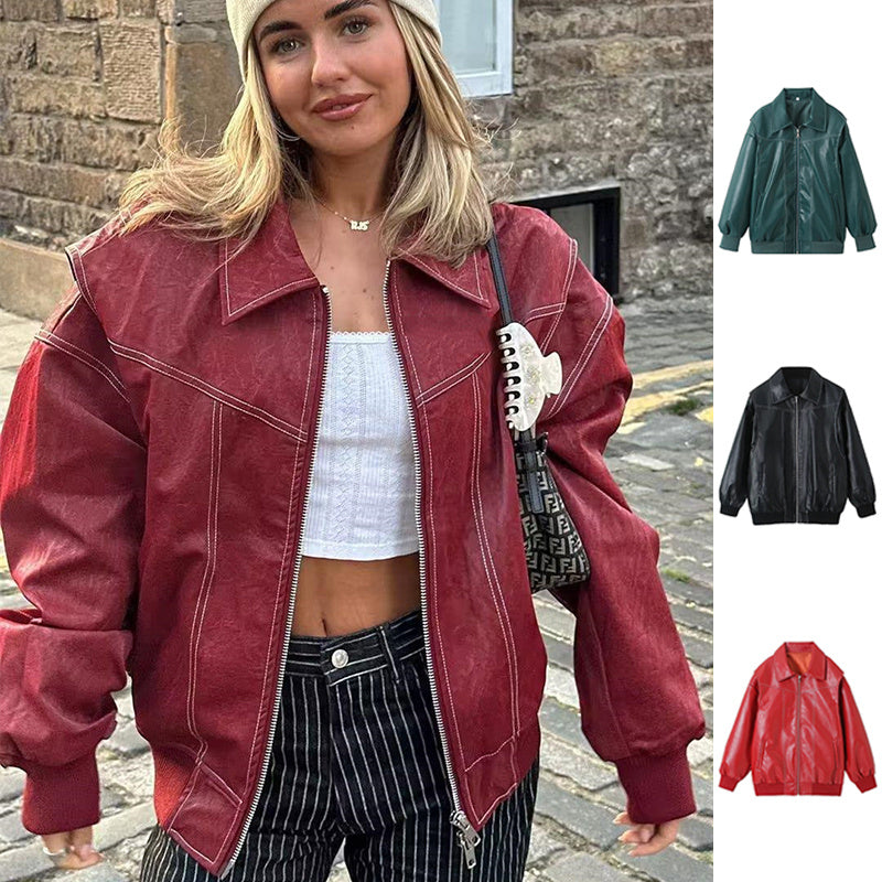 Loose Lapel Zip-Up Leather Jacket