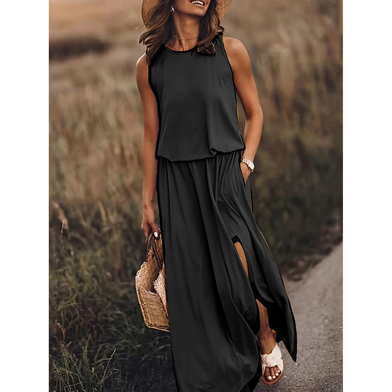 Pockets Sleeveless Crew-Neck Maxi Dress - US Only