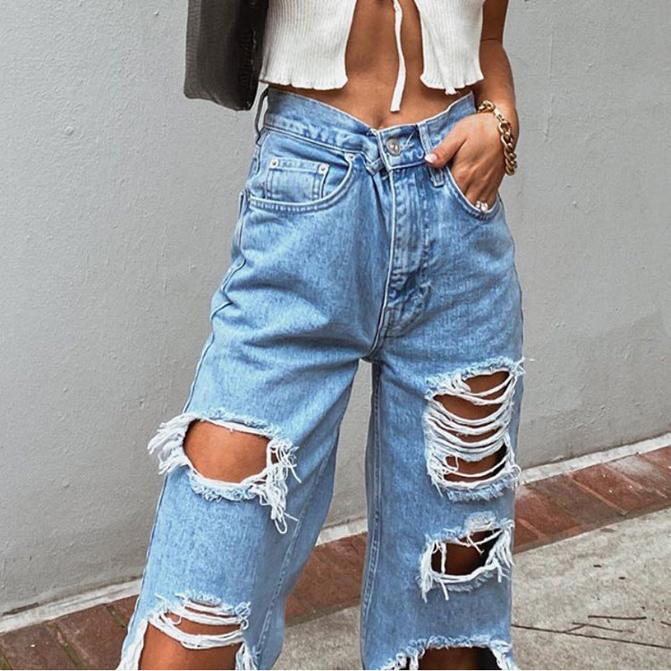 Women's Ripped Slimming Washed Denim Trousers