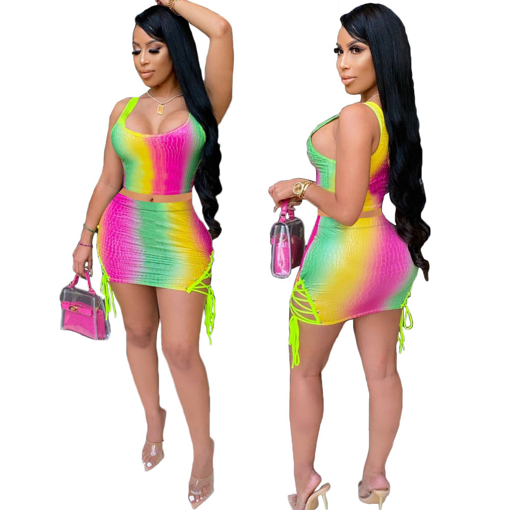 Explosion-Style Rainbow Strip Vest Cornice Two-Piece Set