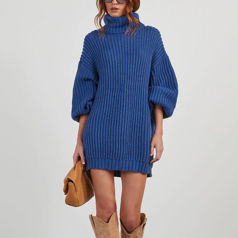 Turtleneck Long-Sleeve Loose Sweater Dress