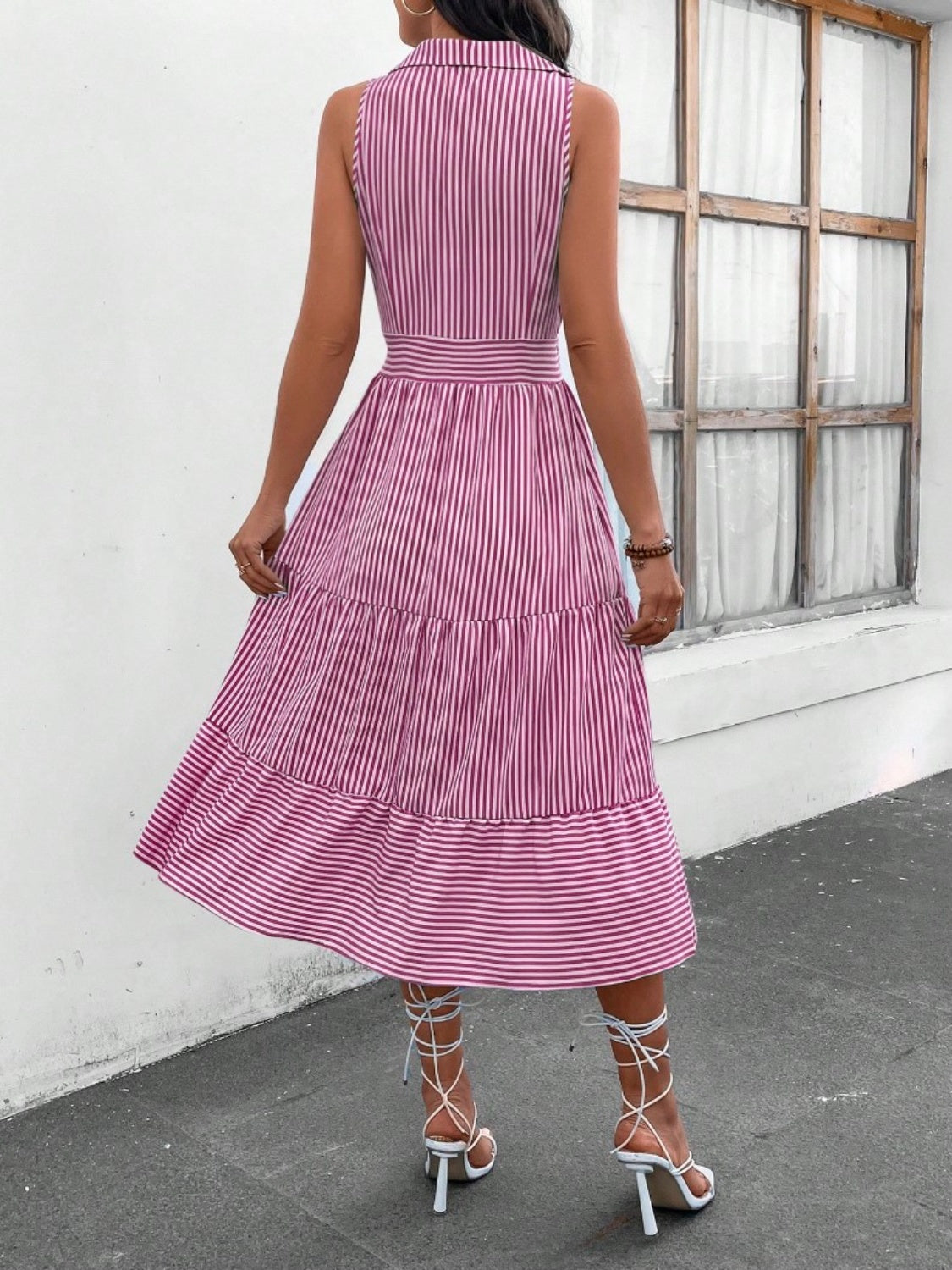 Striped Johnny Collar Sleeveless Midi Dress - US Only