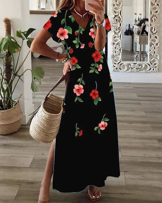 Loose Digital Print V-Neck Short-Sleeve Dress For Women