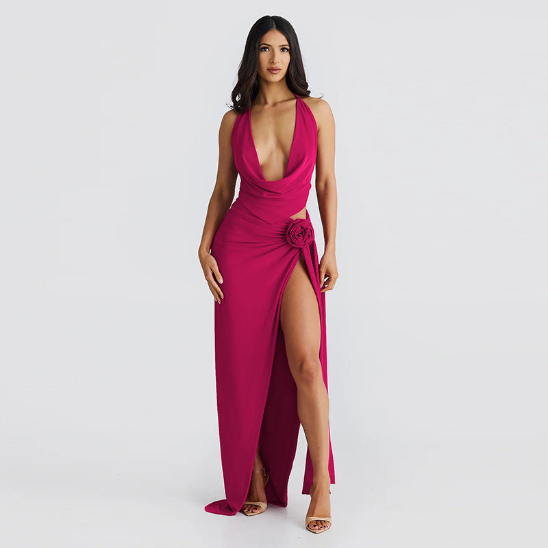 Lace-Up Backless Deep V-Neck Slit Dress