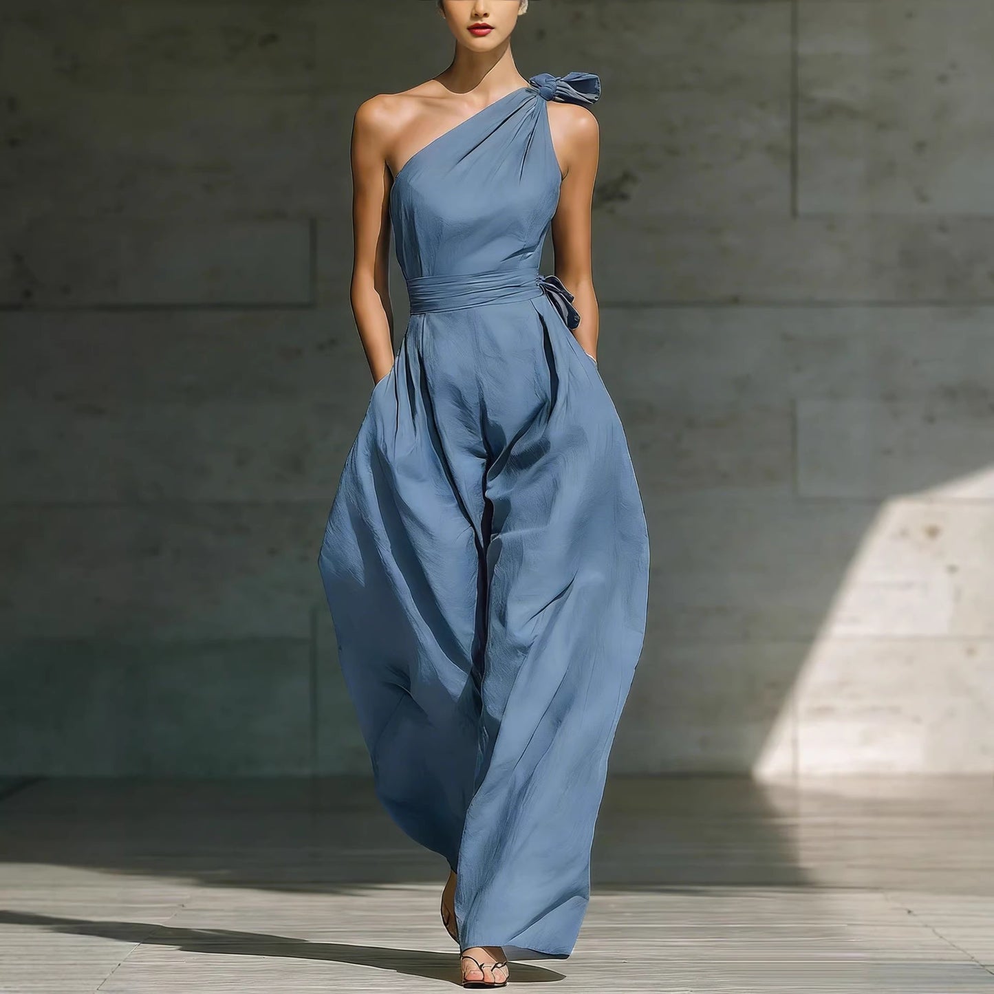 Loose-fitting Sleeveless Off-shoulder Belted Jumpsuit
