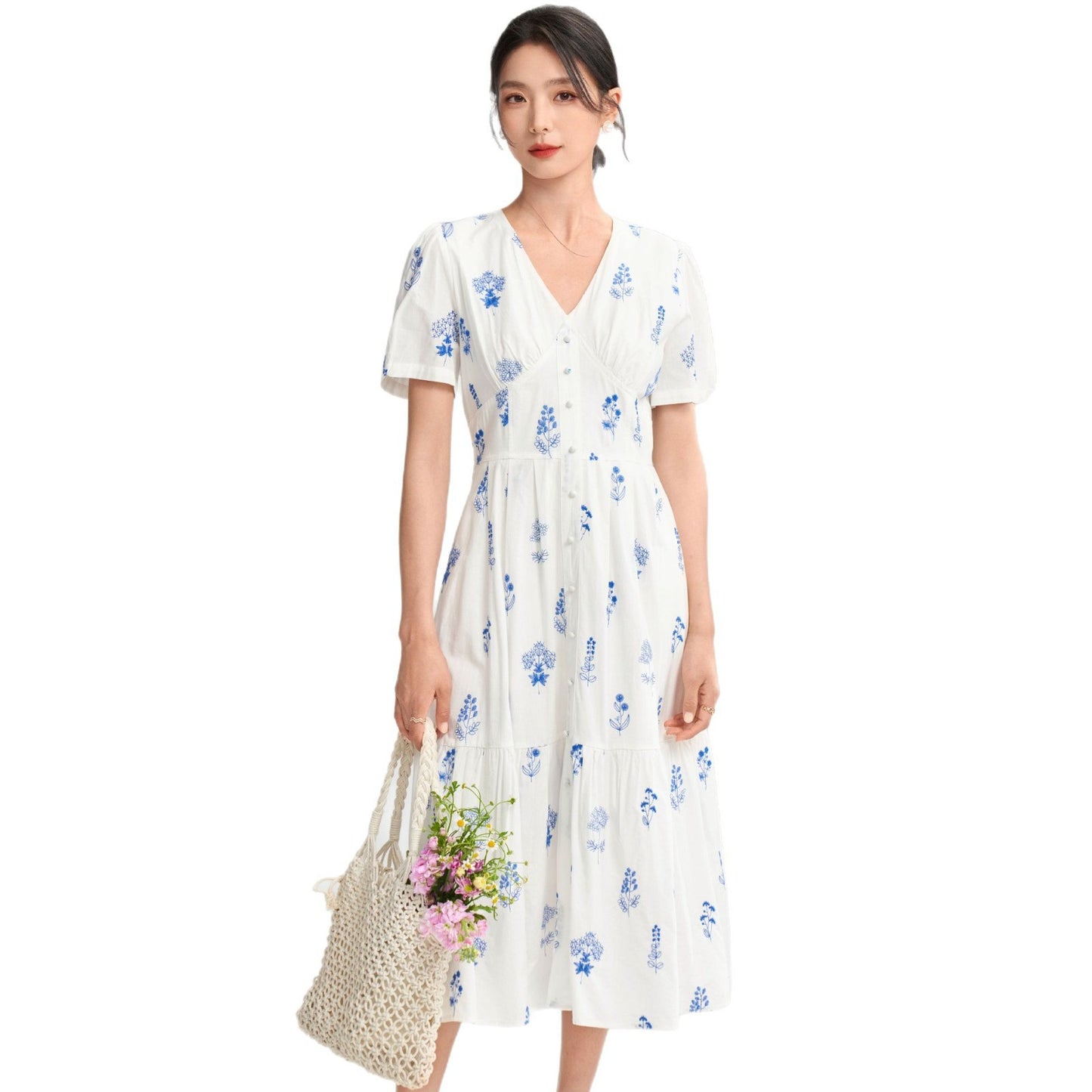 Pure Cotton French Simplicity V-neck Waist-controlled Slimming Elegant Floral Dress