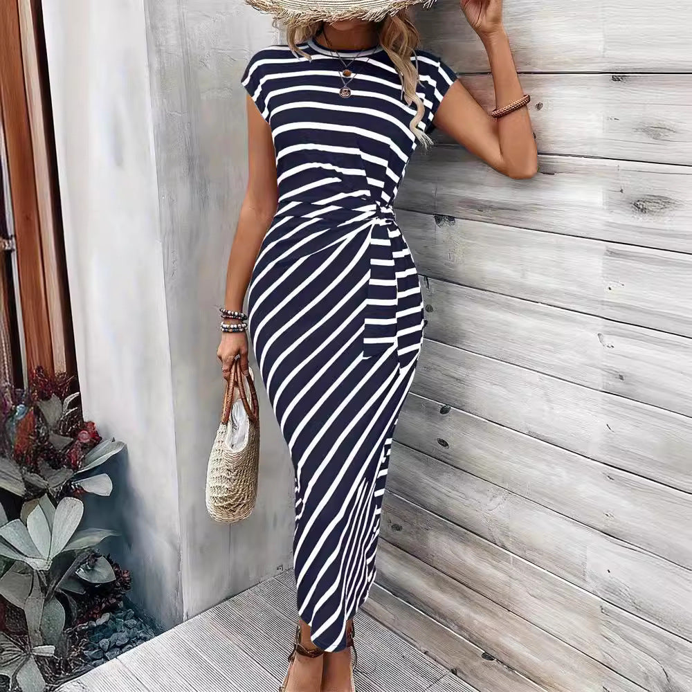 Waist-Strap Striped Round-Neck Short-Sleeve Long Pattern Dress