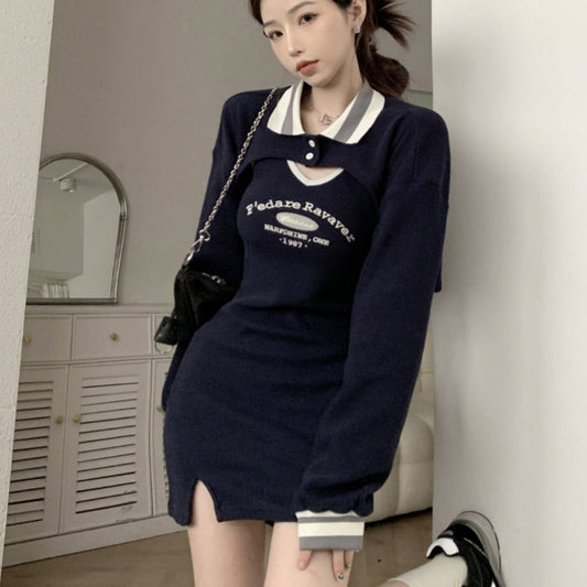 Long-Sleeve Loose Polo-Collar Sweater Dress - Two-Piece Set Option Available
