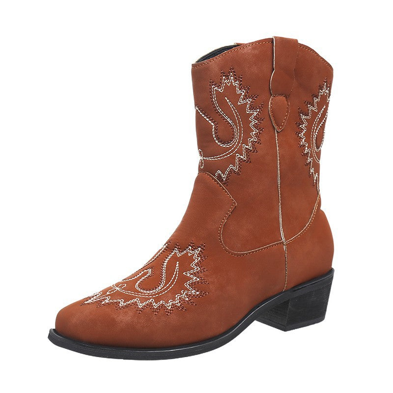 Women's Embroidered Western Boots - Chunky Mid Heel Cowboy Boots