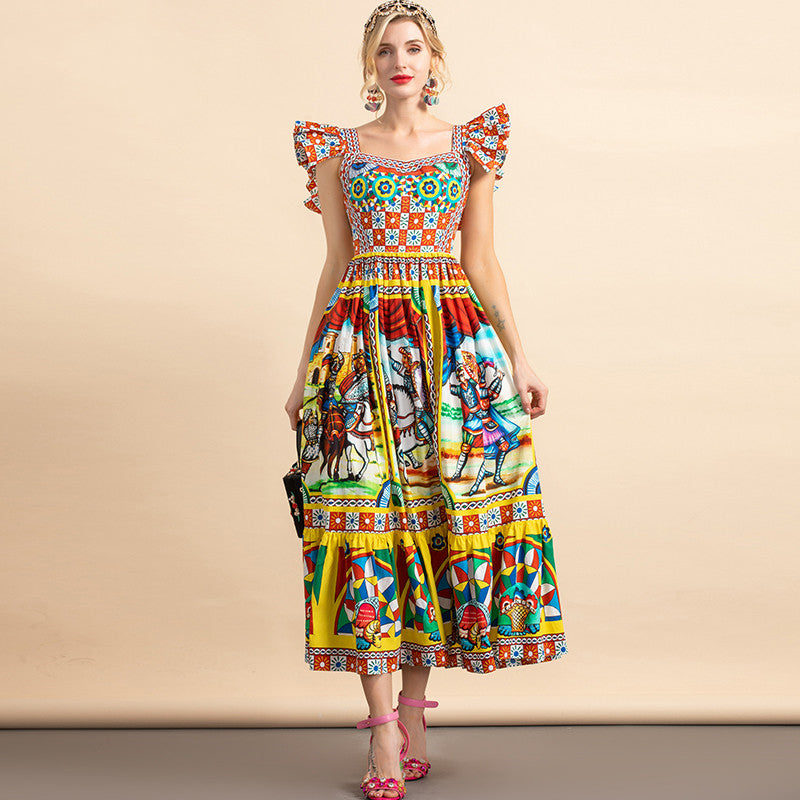 Flying-Sleeve Warrior Print Cotton Dress