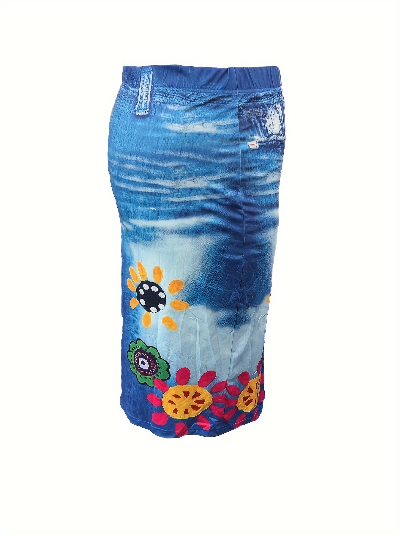 Plus-Size Faux Denim Floral Print Skirt