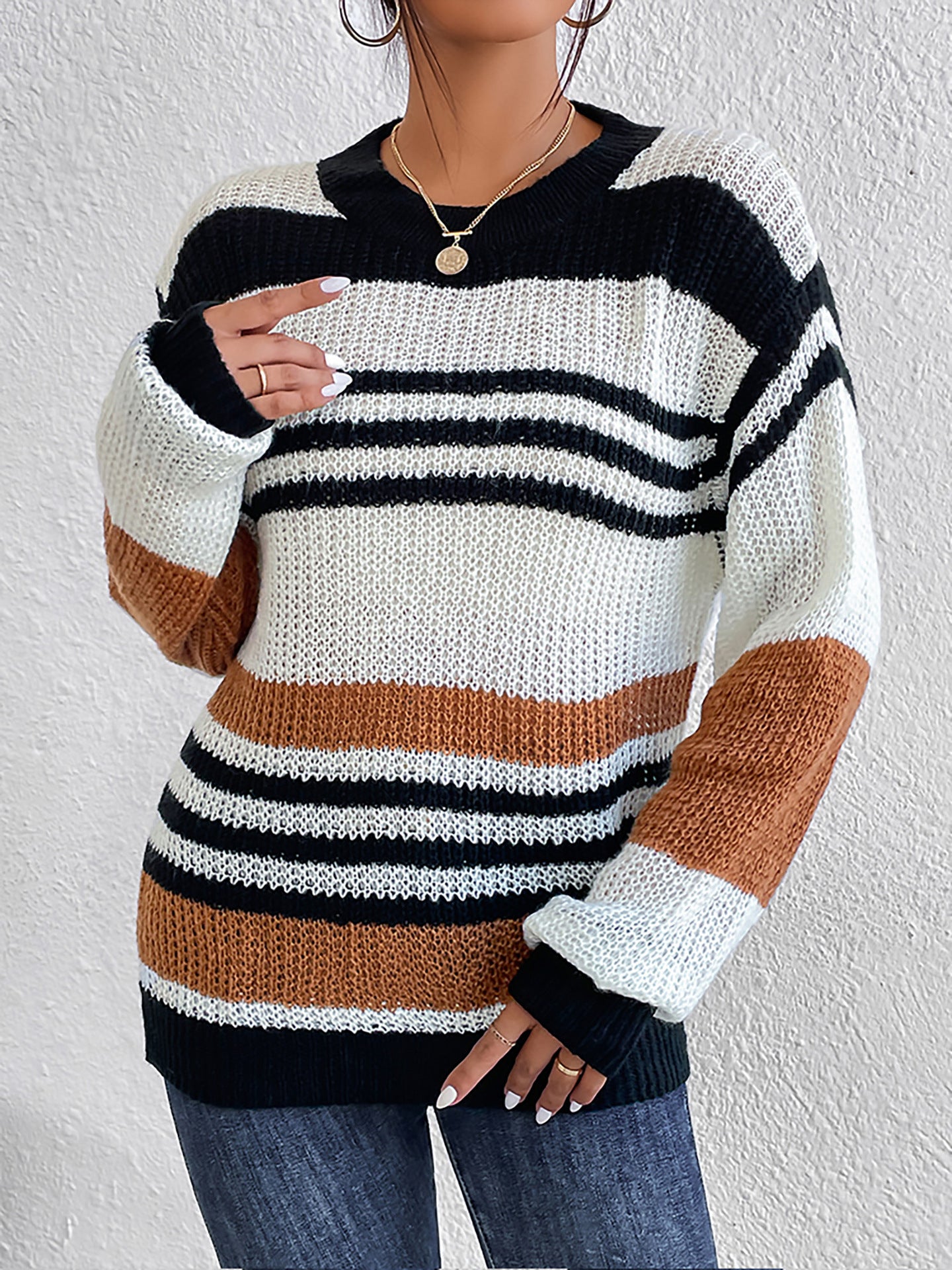 Women's Pullovers Mixed Color Stripes Cardigan