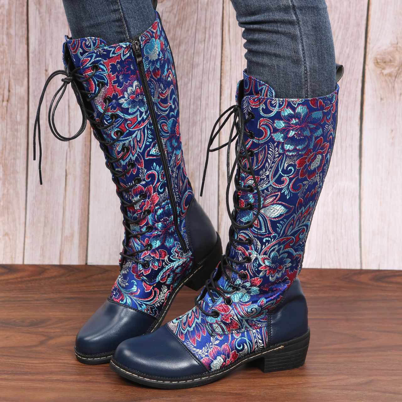 Flowers Print Long  Lace-Up Heeled Boots For Women
