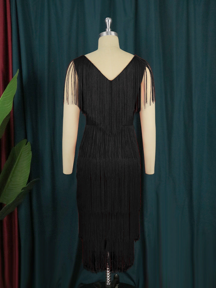 Banquet V-Neck Tassel High-Waist Dress