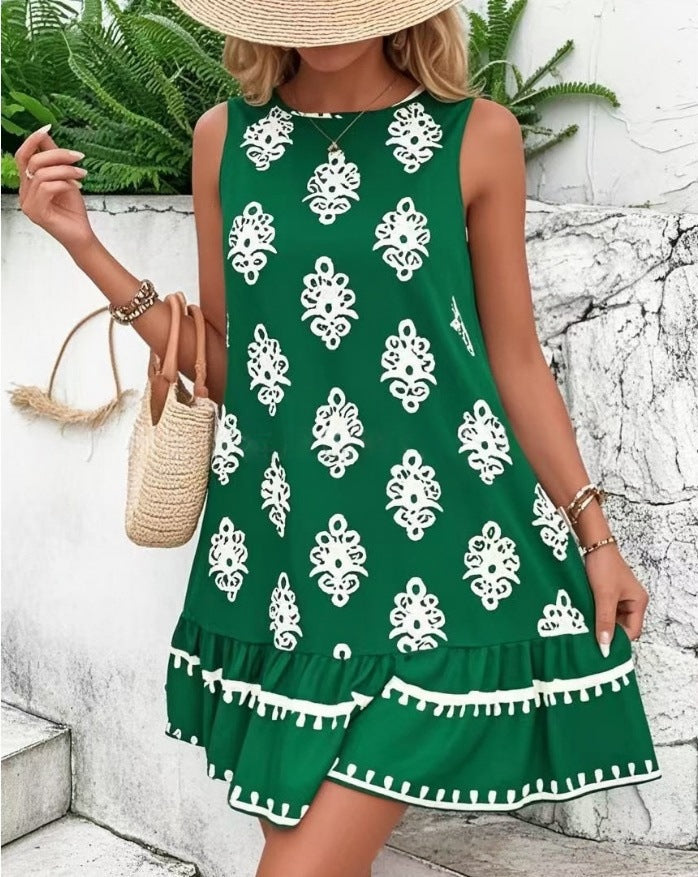 Women's Elegant Printed V-neck A- Line Skirt