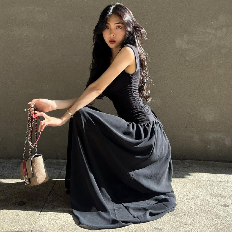 Square-Collar Pleated Large Swing Waist-Slimming Mesh Sling Dress
