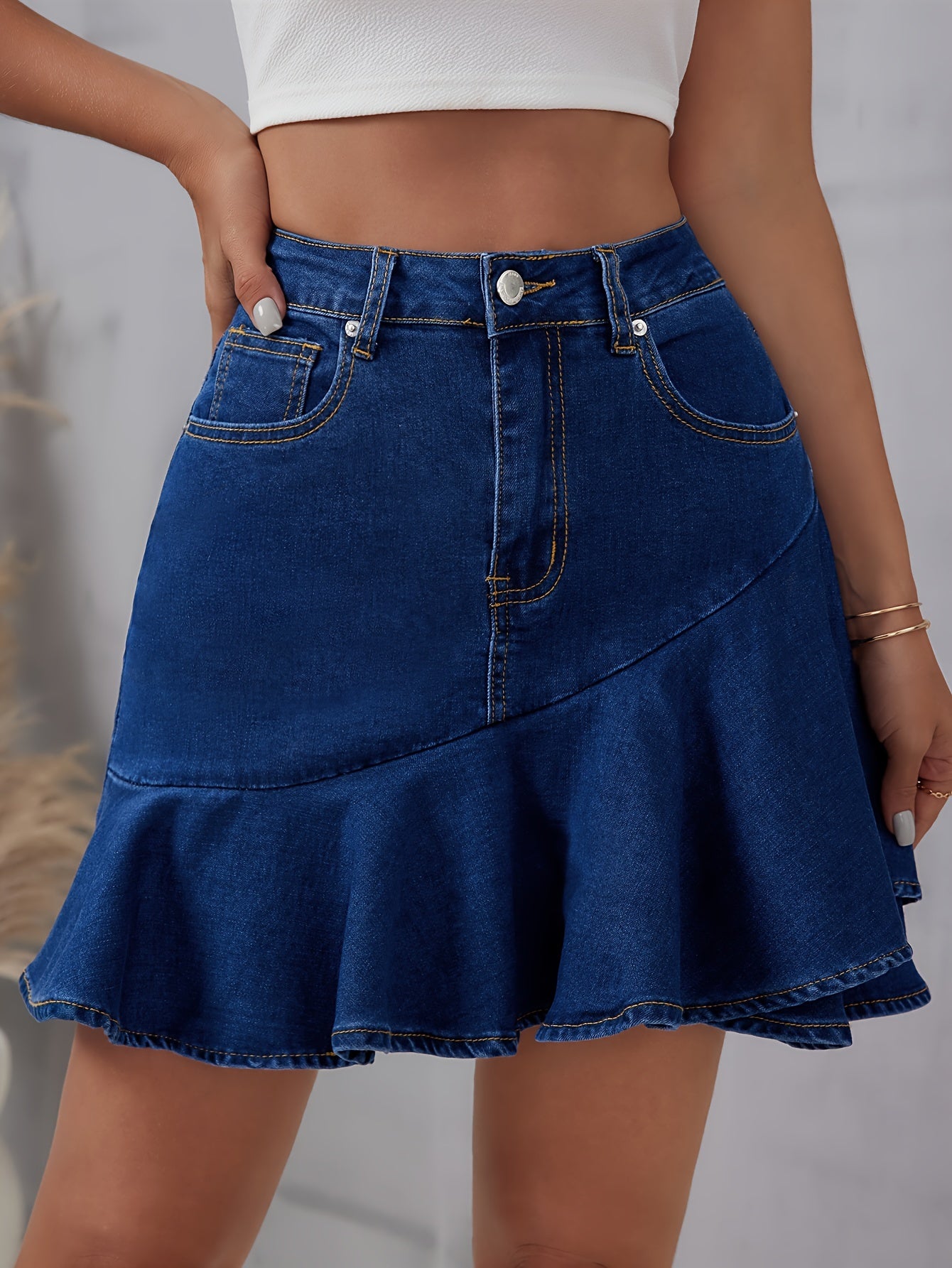 Ruffled-Hem Slash-Pocket Denim Mini Skirt