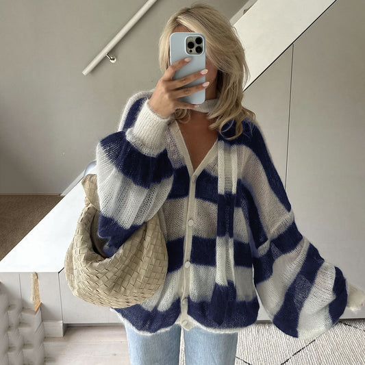 Loose Idle Striped Sweater Cardigan With Scarf