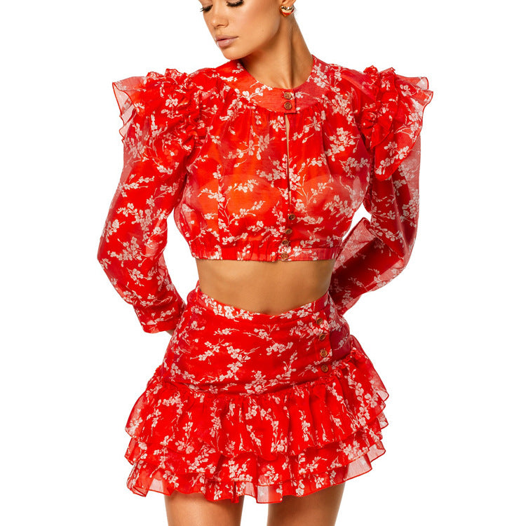 Round Neck Long-sleeved Cropped Top And Printed Skirt Two-piece Set