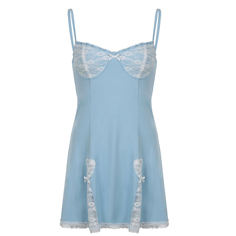 A-Line Lace Stitching Bow Suspender Dress