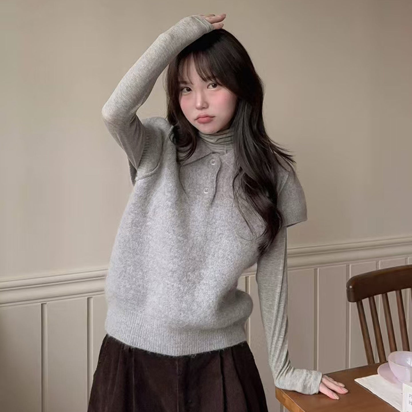 Youthful Polo-neck Two-button Short-sleeve Knit Sweater
