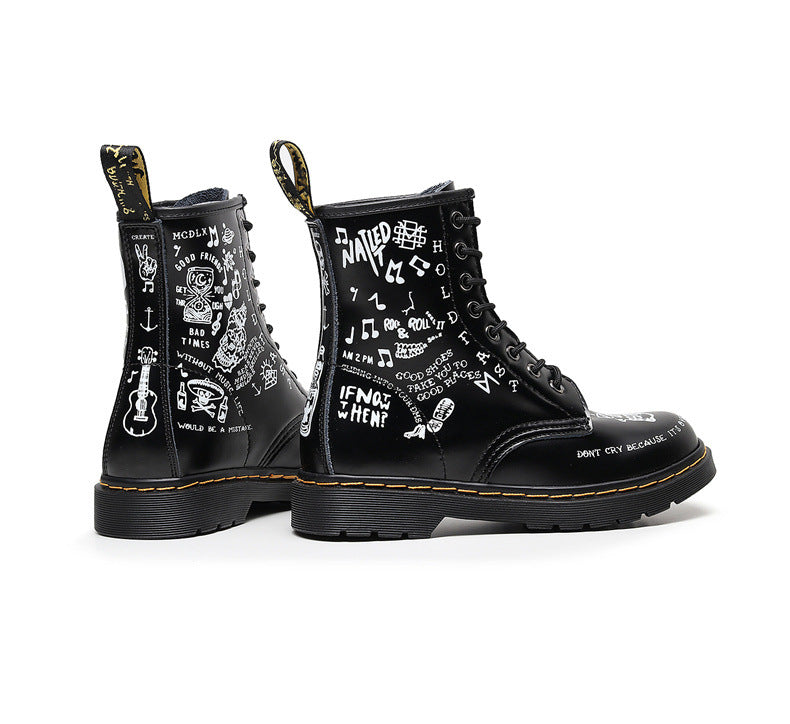 Hard-Leather Skull Graffiti Leather Boots